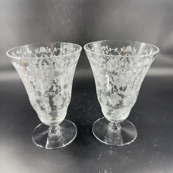 Antique Tiffin Franciscan June Nights Clear Etched Floral Goblet Glasses Set 2 - Picture 8 of 11